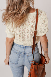 Beige Hollowed Pattern Knit Short Puff Sleeve Sweater