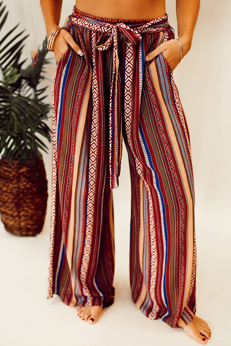 Red Boho Ethnic Striped Print Tie Waist Wide Leg Pants