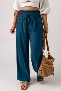 Brown Drawstring Elastic Waist Casual Wide Leg Pants