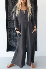 Load image into Gallery viewer, Gray Button Long Sleeve Wide Leg Jumpsuit