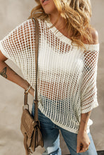 Load image into Gallery viewer, Apricot Fishnet Knit Ribbed Round Neck Short Sleeve Sweater Tee