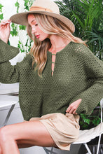 Load image into Gallery viewer, Vineyard Green Open Knit Buttoned Neck Split Sleeve Sweater