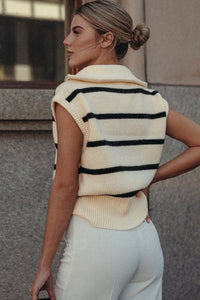 Brown Stripe Zipped Collar Cap Sleeve Knit Top