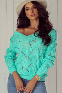 Beige Hollow Out Knit V Neck Drop Shoulder Sweater