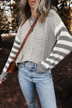 Load image into Gallery viewer, Brown Stripe Geometric Textured Drop Shoulder Sweater