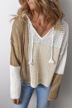 Load image into Gallery viewer, Brown Colorblock Hollow-out Front Tie V Neck Lightweight Sweater