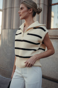 Brown Stripe Zipped Collar Cap Sleeve Knit Top