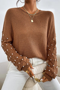 Chestnut Beaded Drop Shoulder Round Neck Sweater