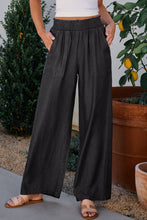 Load image into Gallery viewer, Black Side Pockets Frilled Smocked High Waist Wide Leg Jeans