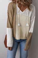 Load image into Gallery viewer, Brown Colorblock Hollow-out Front Tie V Neck Lightweight Sweater