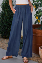 Load image into Gallery viewer, Black Side Pockets Frilled Smocked High Waist Wide Leg Jeans