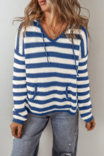 Load image into Gallery viewer, White Stripe V Neck Pocketed Drawstring Hooded Sweater