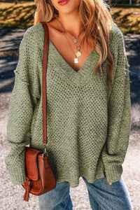 Parchment Loose Eyelet V Neck Drop Shoulder Sweater