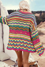 Load image into Gallery viewer, Rose Red Colorblock Striped Hollowed Knit Loose Sleeve Sweater