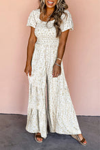 Load image into Gallery viewer, White Boho Floral Smocked Wide Leg Short Puff Sleeve Jumpsuit