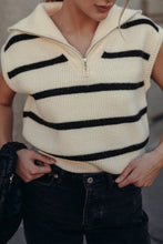 Load image into Gallery viewer, Brown Stripe Zipped Collar Cap Sleeve Knit Top