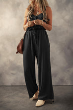 Load image into Gallery viewer, Black Knotted Straps Button Textured Drawstring Jumpsuit