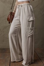 Load image into Gallery viewer, Beige Boho Linen Drawstring Waist Raw Edge Cargo Loose Pants