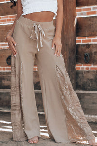 Smoke Gray Boho Lace Patchwork Wide Leg High Waist Pants