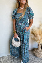 Load image into Gallery viewer, Blue Vintage Boho Floral Smocked Short Puff Sleeve Wide Leg Jumpsuit