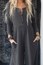 Load image into Gallery viewer, Gray Button Long Sleeve Wide Leg Jumpsuit