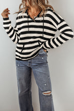 Load image into Gallery viewer, White Stripe V Neck Pocketed Drawstring Hooded Sweater