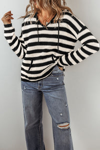 White Stripe V Neck Pocketed Drawstring Hooded Sweater