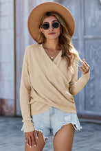 Load image into Gallery viewer, Khaki Wrap V Neck Waffle Sweater