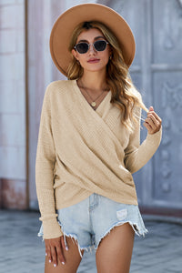 Khaki Wrap V Neck Waffle Sweater