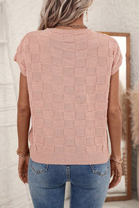 Smoke Gray Lattice Textured Knit Short Sleeve Sweater