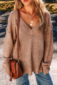 Parchment Loose Eyelet V Neck Drop Shoulder Sweater