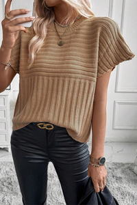 Light French Beige Rib Knitted Wide Sleeve Sweater T Shirt