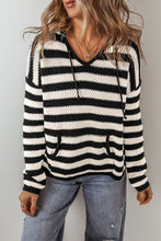 Load image into Gallery viewer, White Stripe V Neck Pocketed Drawstring Hooded Sweater