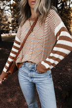 Load image into Gallery viewer, Brown Stripe Geometric Textured Drop Shoulder Sweater