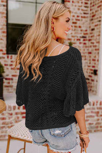 Black Pointelle Knit Scallop Edge Short Sleeve Top