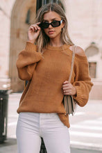 Load image into Gallery viewer, Brown Crew Neck Cold Shoulder Hollow-out Back Sweater