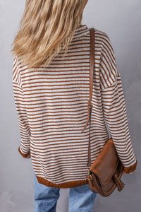 Khaki Striped Turtleneck Loose Sweater