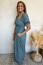 Load image into Gallery viewer, Blue Vintage Boho Floral Smocked Short Puff Sleeve Wide Leg Jumpsuit