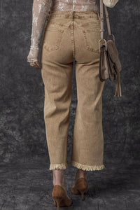 Light French Beige Acid Washed High Rise Cropped Wide Leg Jeans