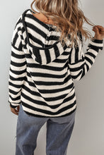 Load image into Gallery viewer, White Stripe V Neck Pocketed Drawstring Hooded Sweater