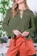 Load image into Gallery viewer, Vineyard Green Open Knit Buttoned Neck Split Sleeve Sweater