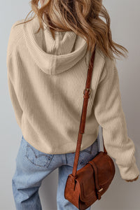 Beige Solid Color Drawstring Hooded Drop Shoulder Pullover Sweater