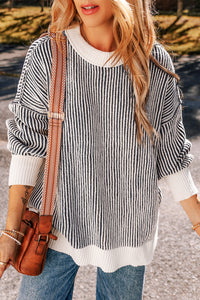 Chestnut Striped Textured Knit Contrast Edge Loose Sweater