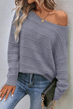 Load image into Gallery viewer, Pale Khaki Boat Neck Drop Shoulder Pointelle Knit Sweater