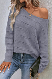 Pale Khaki Boat Neck Drop Shoulder Pointelle Knit Sweater