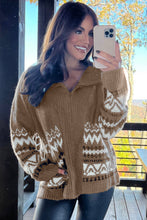 Load image into Gallery viewer, Brown Western Printed Ribbed Trim Collared Zip up Cardigan