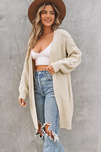 Khaki Open Front Cable Sleeve Long Cardigan