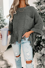 Load image into Gallery viewer, Gray Ripped Raw Hem Chunky Pullover Sweater