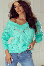 Load image into Gallery viewer, Beige Hollow Out Knit V Neck Drop Shoulder Sweater