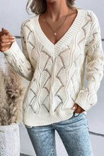 Load image into Gallery viewer, Beige Hollow Out Knit V Neck Drop Shoulder Sweater